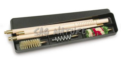 KIT PULIZIA FUCILE IN SCAT. PLAST. C/BACCHET. LEGNO VERNIC. A 3 PEZZI DIAM. 13 MM, SCOVOLI LANA, SETOLA E ACCIAIO A ELICA