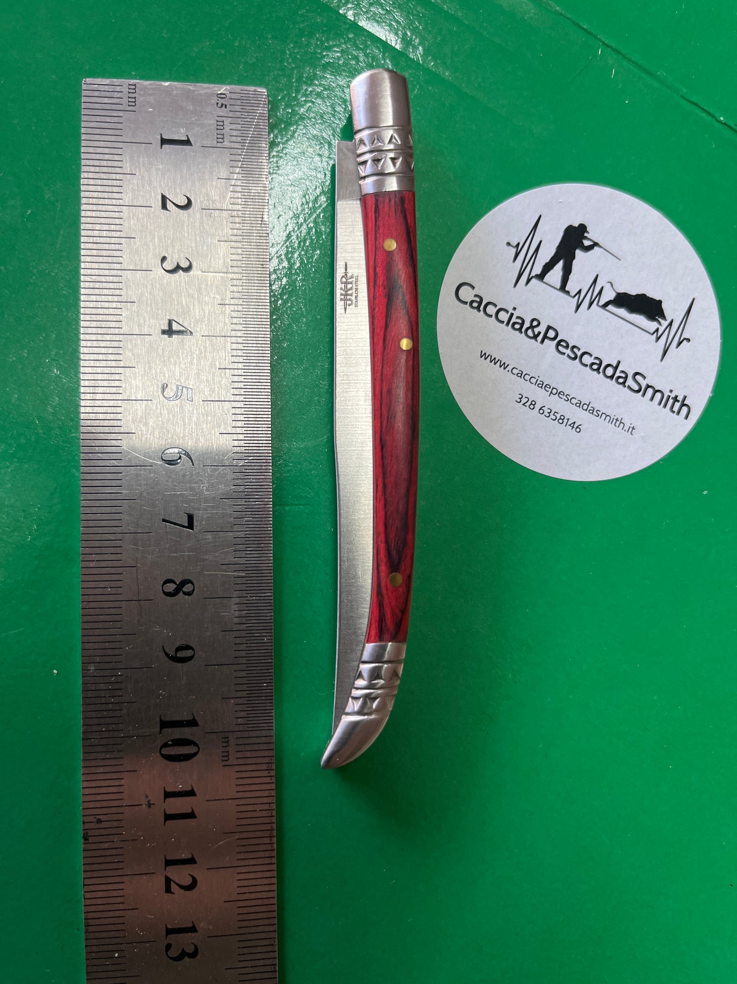 COLTELLO STILETTO VIROLA ACCIAIO INOX CON MANICO LEGNO ROSSO LAMA 9 CM