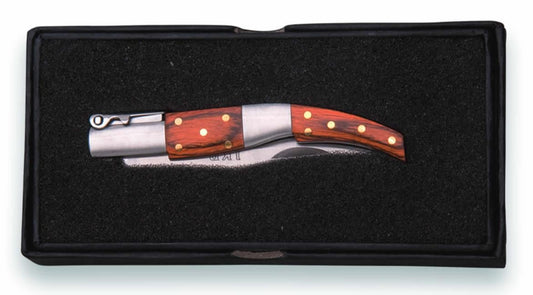 COLTELLO TASCABILE CON MANICO LEGNO ROSSO VIROLA ACCIAO INOX LAMA 7 CM